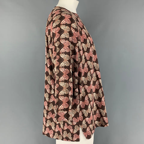 GUCCI Size L Brown Beige Butterfly Silk Dolman Sleeve Long Sleeve Shirt