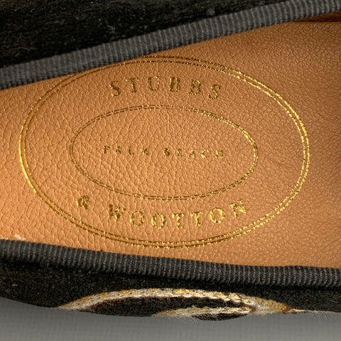 STUBBS & WOOTTON Size 9 Black Velvet Embroidered Slip On Flats