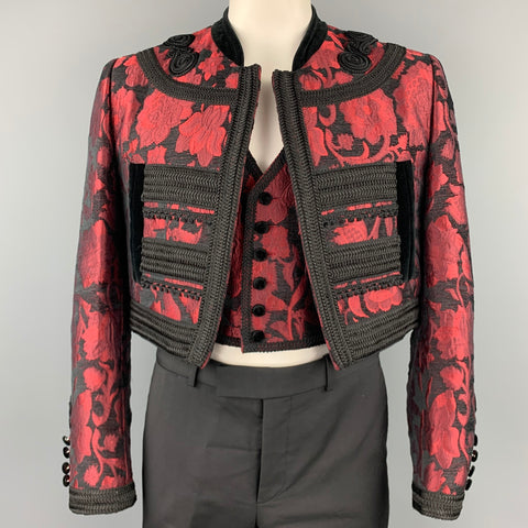 DOLCE & GABBANA SS 2015 Size 42 Red & Black Brocade Viscose Blend Cropped Vest & Jacket