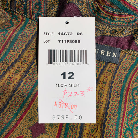 RALPH LAUREN Size 12 Multi-Color Silk Paisley Bow Blouse