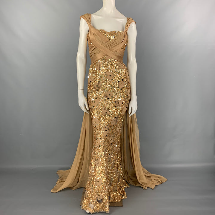ZUHAIR MURAD Talla 4 Vestido de mezcla de seda con lentejuelas beige y dorado