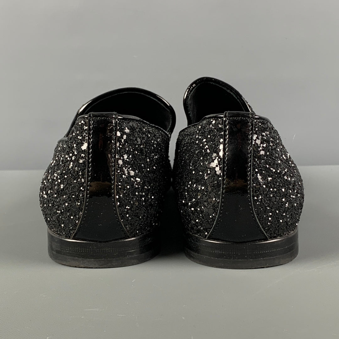JIMMY CHOO Size 8 Black Glitter Leather Slip On Loafers