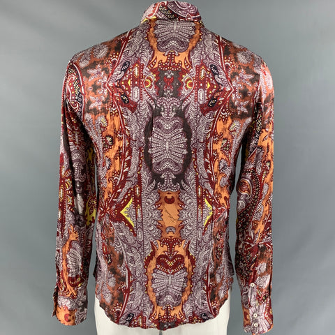 JUST CAVALLI Size L Burgundy & Brown Print Silk Button Up Long Sleeve Shirt