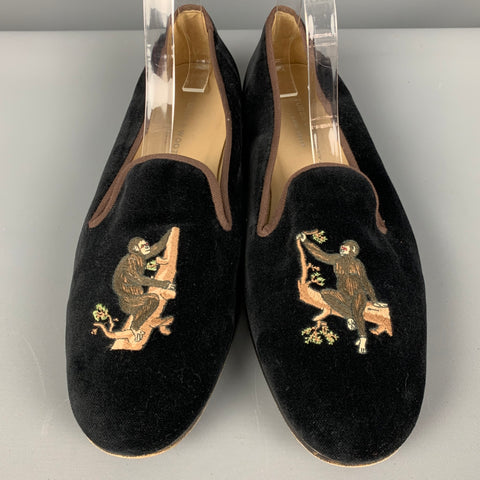 STUBBS & WOOTTON Size 10.5 Black Brown Embroidery Velvet Slip On Loafers