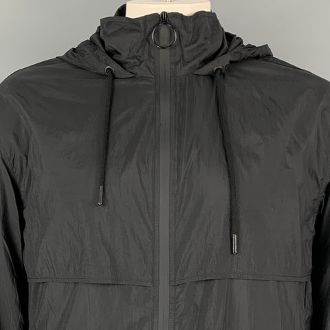 PACO RABANNE Size L Black Nylon Full Zip Drawstring Hooded Jacket