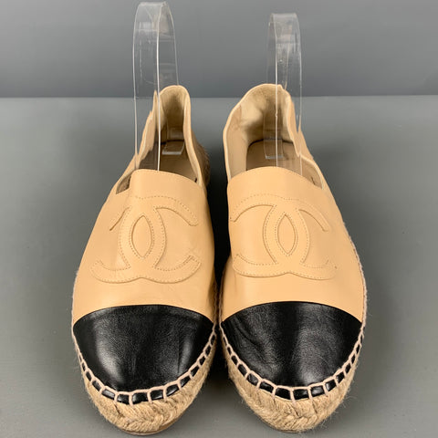 CHANEL Size 11 Beige Black Leather Lamb Skin Espadrille Flats