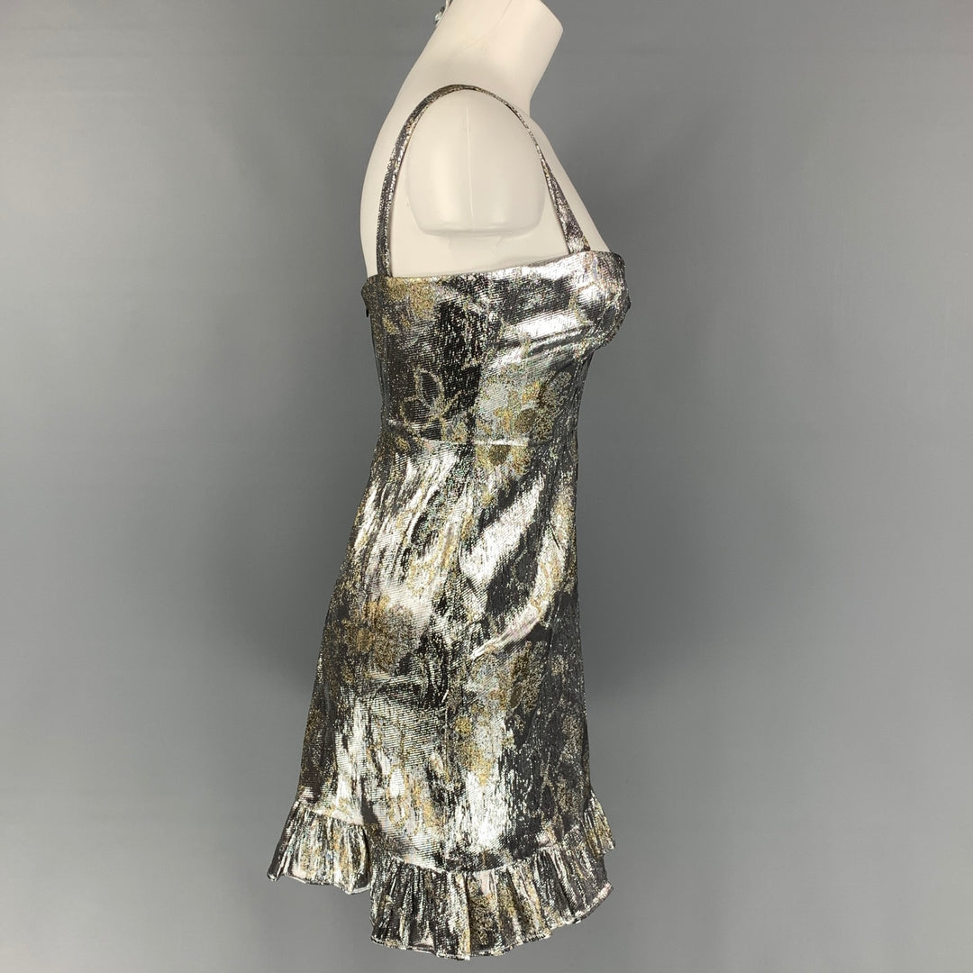 CYNTHIA ROWLEY Size 4 Silver & Gold Polyester / Lurex Jacquard Mini Dress