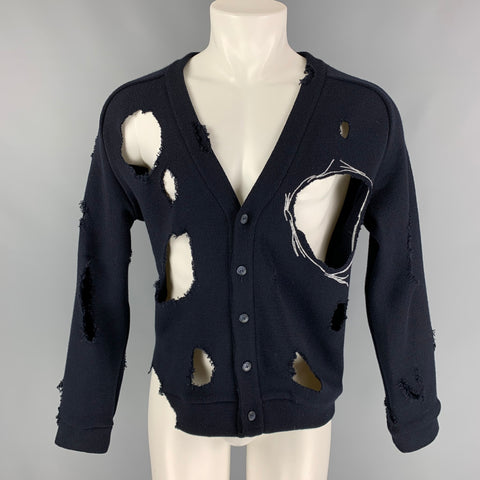 LOVERBOY Taille S Marine Blanc Distressed Wool Blend Raw Edge Cardigan