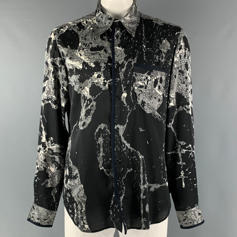 JUST CAVALLI Size XL Black White Abstract  Polyester Long Sleeve Shirt
