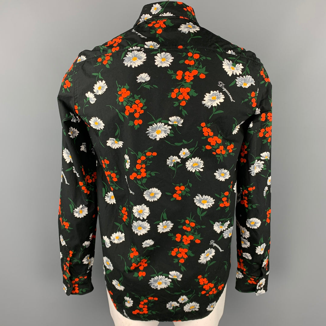 DSQUARED2 Size L Black Floral Cotton Button Up Long Sleeve Shirt