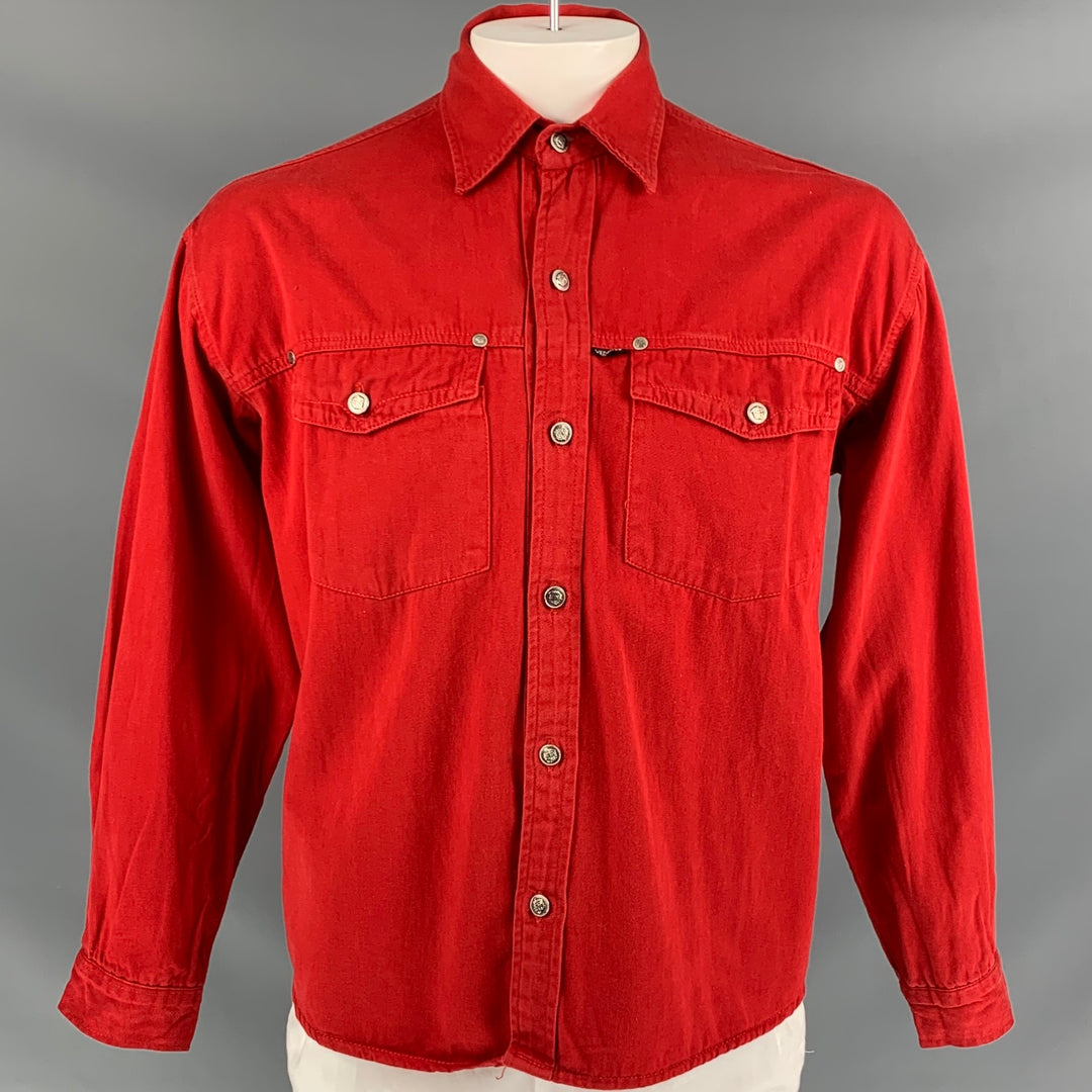 Vintage VERSACE JEANS COUTURE Size XL Red Cotton Button Up Long Sleeve Shirt