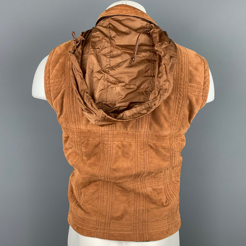 SALVATORE FERRAGAMO Size 42 Tan Suede Quilted Zip Up Hooded Vest