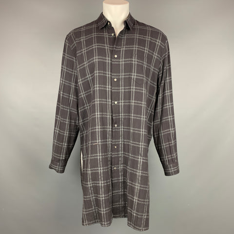 ROBERT GELLER Size L Charcoal & Grey Plaid Cotton Blend Long Sleeve Shirt