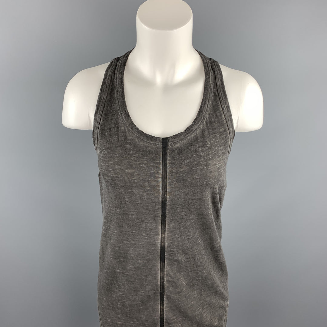 ISAAC SELLAM Size 0 Grey Distressed Cotton Leather Trim Tank Top