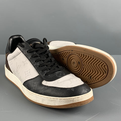 LOUIS VUITTON Size 9.5 White Black & Brown Logo Leather Low Top Sneakers