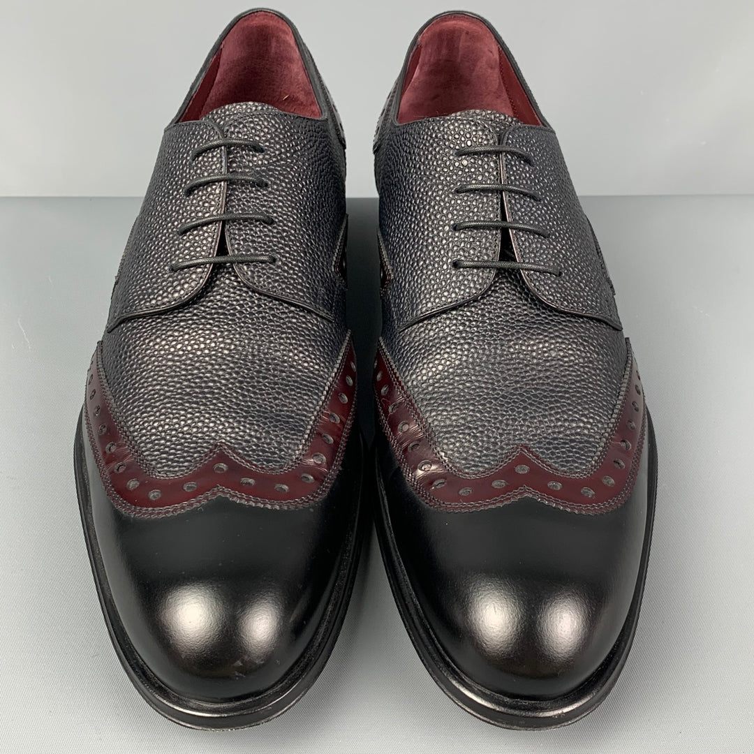 LOUIS VUITTON Size 11.5 Black Burgundy Textured Leather Wingtip Lace Up Shoes