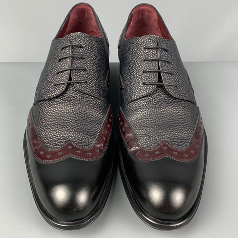 LOUIS VUITTON Size 11.5 Black Burgundy Textured Leather Wingtip Lace Up Shoes