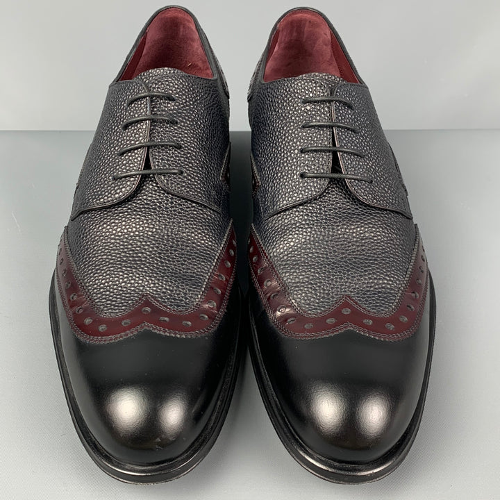 LOUIS VUITTON Size 11.5 Black Burgundy Textured Leather Wingtip Lace Up Shoes