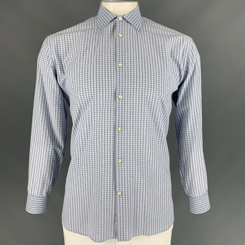 JOHN VARVATOS Talla L Camisa de manga larga con botones de algodón a cuadros azul y gris