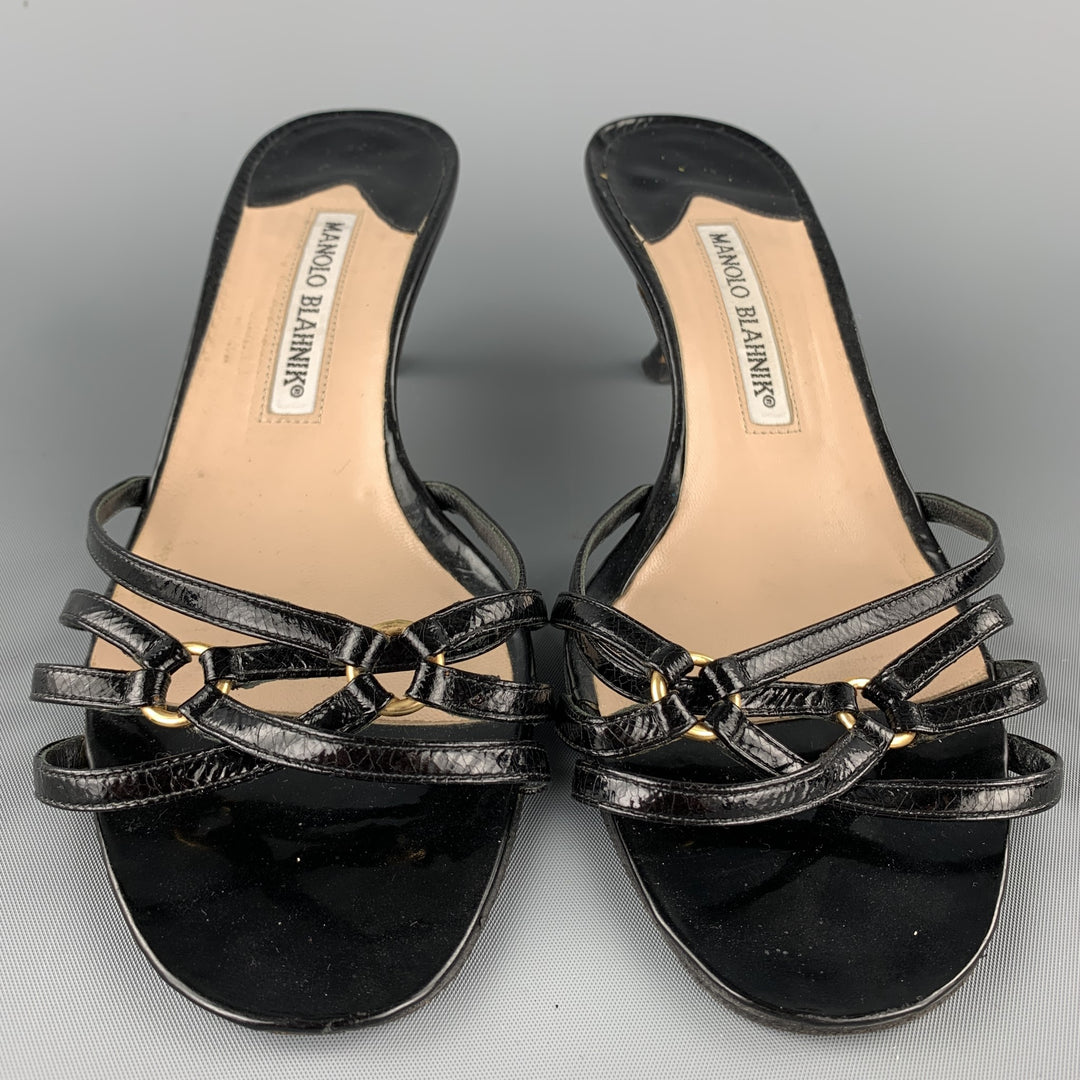 MANOLO BLAHNIK Size 7.5 Black Patent Leather Strappy Sandals