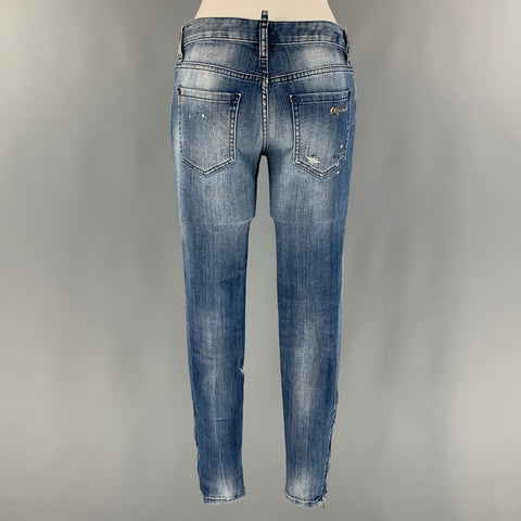 DSQUARED2 Size 6 Blue White Cotton  Elastane Paint Splattered Narrow leg Jeans