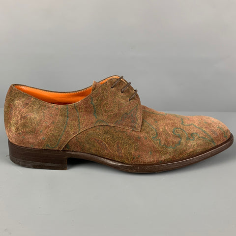 ETRO Size 8 Brown Burgundy Green Paisley Suede Lace Up Shoes