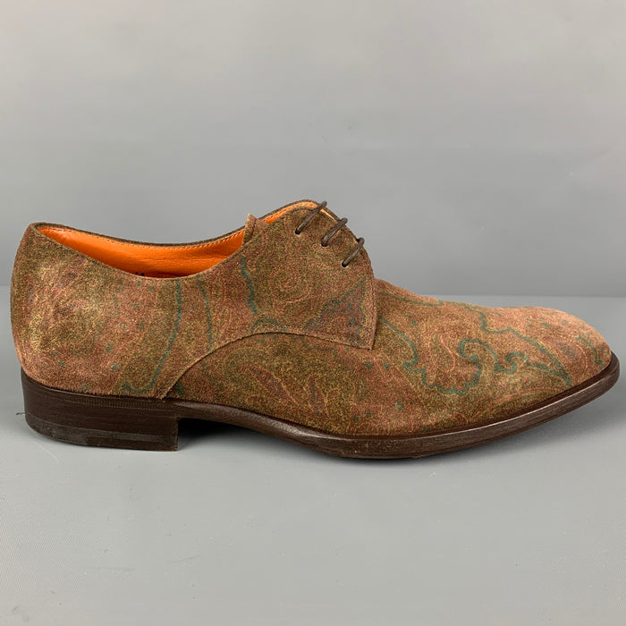 ETRO Size 8 Brown Burgundy Green Paisley Suede Lace Up Shoes
