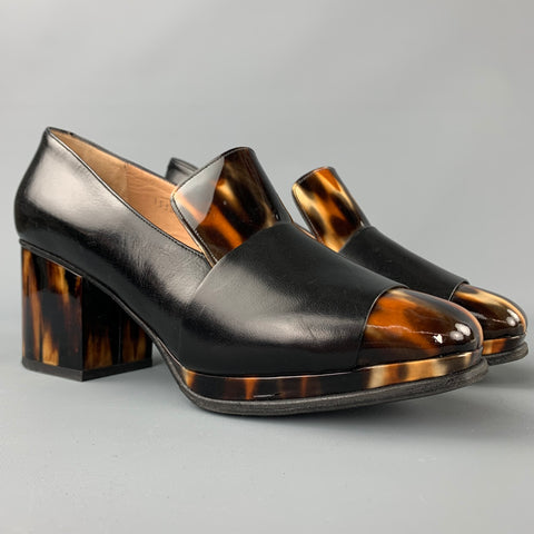 DRIES VAN NOTAN Talla 9.5 Zapatos de tacón tipo mocasín de cuero carey negro y marrón