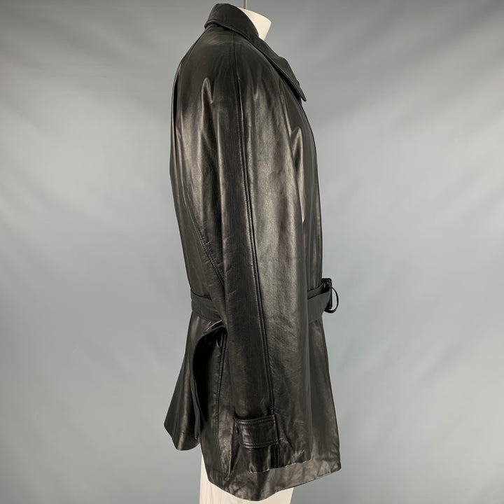 BALLY Size 48 Black Leather Zip Buttons Coat