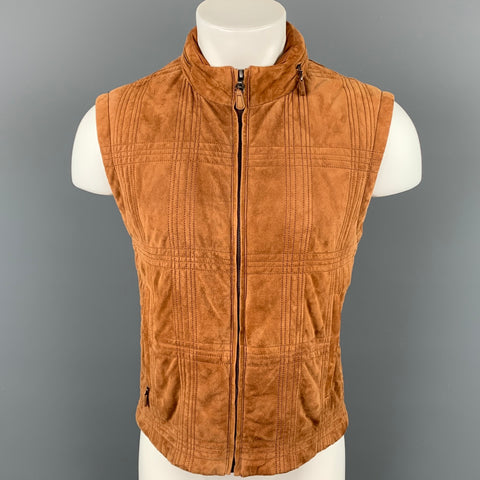 SALVATORE FERRAGAMO Talla 42 Chaleco con capucha y cremallera acolchado de ante color canela
