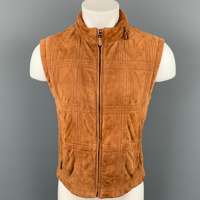 SALVATORE FERRAGAMO Size 42 Tan Suede Quilted Zip Up Hooded Vest