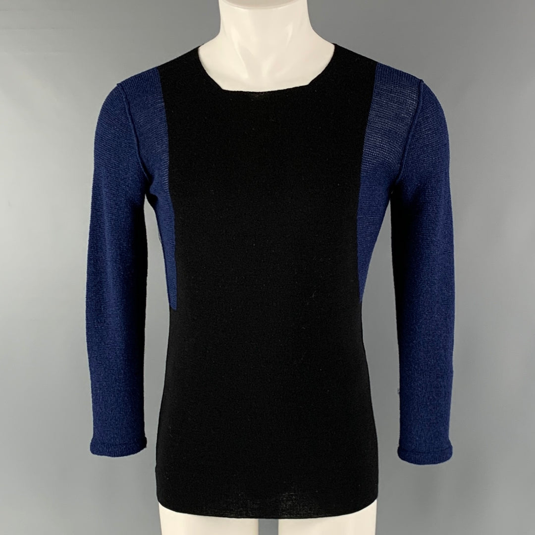 LANVIN Size M Navy Black Color Block Knitted Square Collar Pullover