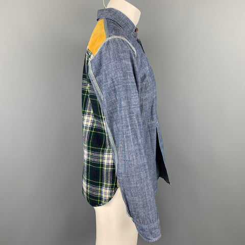 JUNYA WATANABE Size L Blue & Green Patchwork Chambray Long Sleeve Shirt