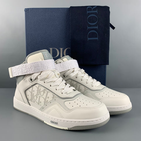 DIOR Size 8 White Grey Logo Leather High Top Sneakers