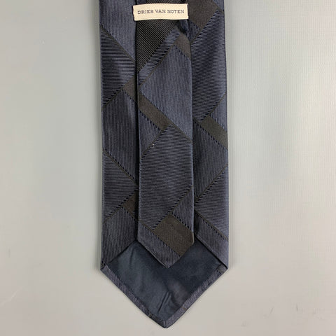 DRIES VAN NOTEN Navy Brown Color Block Silk Tie