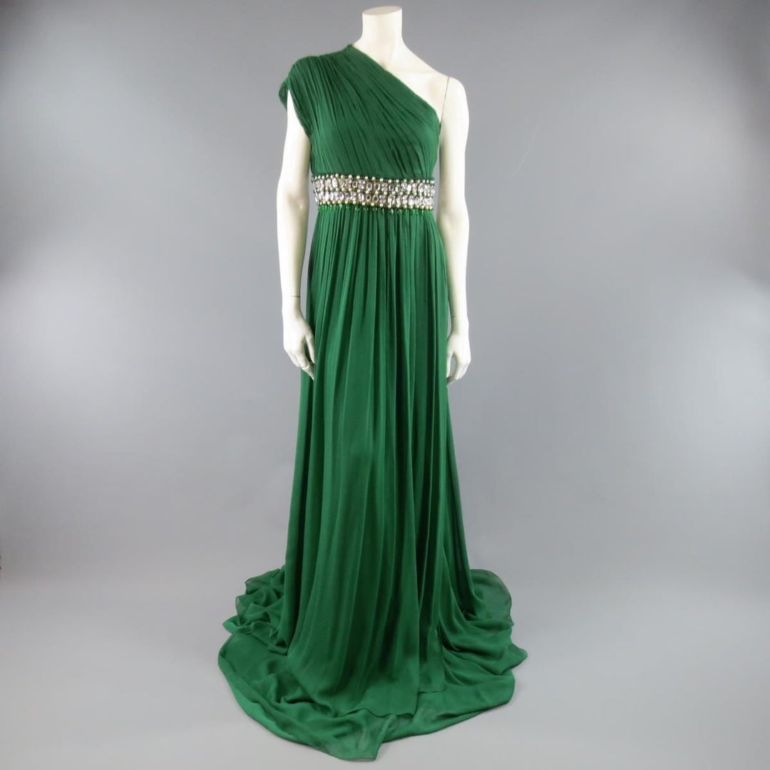 NAEEM KHAN Size 8 Emerald Green Silk One Shoulder Crystal Waist Evenin Sui Generis Designer Consignment NAEEM KHAN Size 8 Emerald Green Silk One Shoulder Crystal Waist Evenin Sui Generis Designer Consignment