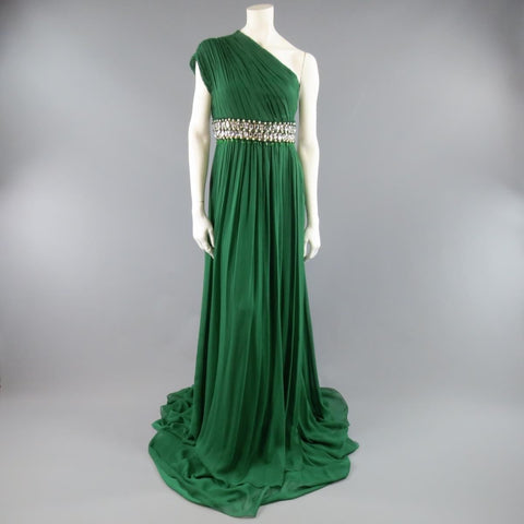 NAEEM KHAN Vestido de noche con cintura de cristal y un hombro de seda verde esmeralda, talla 8