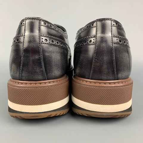 PRADA Size 8.5 Black & Brown Perforated Leather Platform Lace Up Shoes