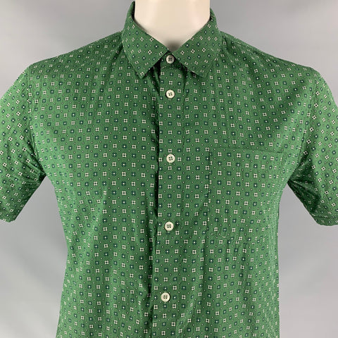 A.P.C. Size XL Green Geometric Cotton & Silk Button Down Short Sleeve Shirt