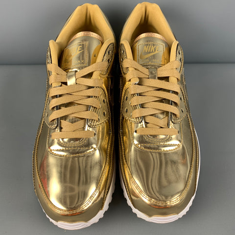 NIKE Air Max 90 Size 12 Gold Metallic Leather Lace Up Sneakers