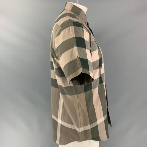 BURBERRY BRIT Size L Olive & Taupe Plaid Cotton Button Down Short Sleeve Shirt