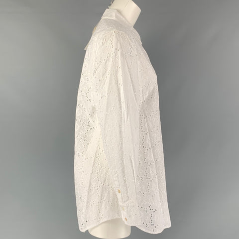 TORY BURCH Camisa con tapeta oculta de algodón con ojales, talla M, color blanco
