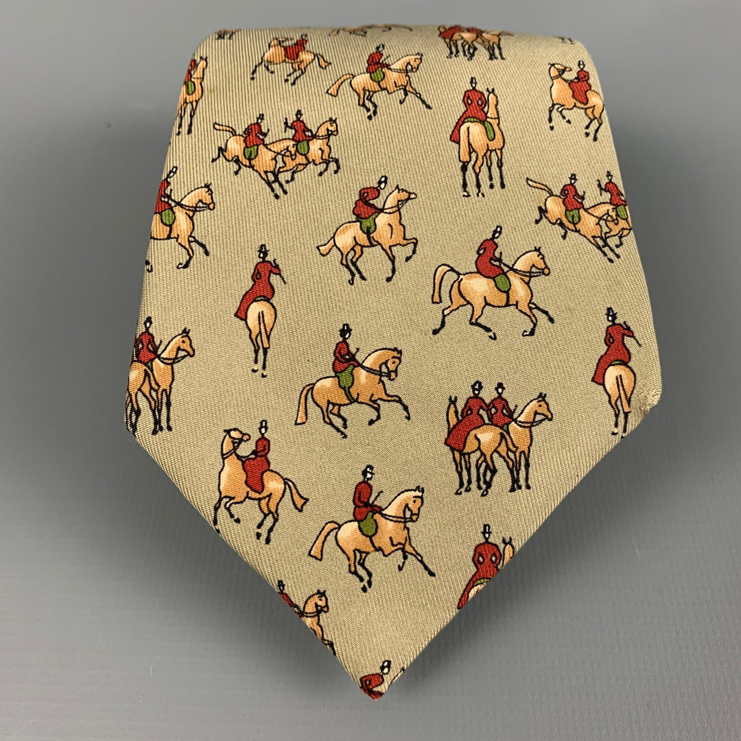 HERMES Grey Taupe Equestrian Silk Twill Tie