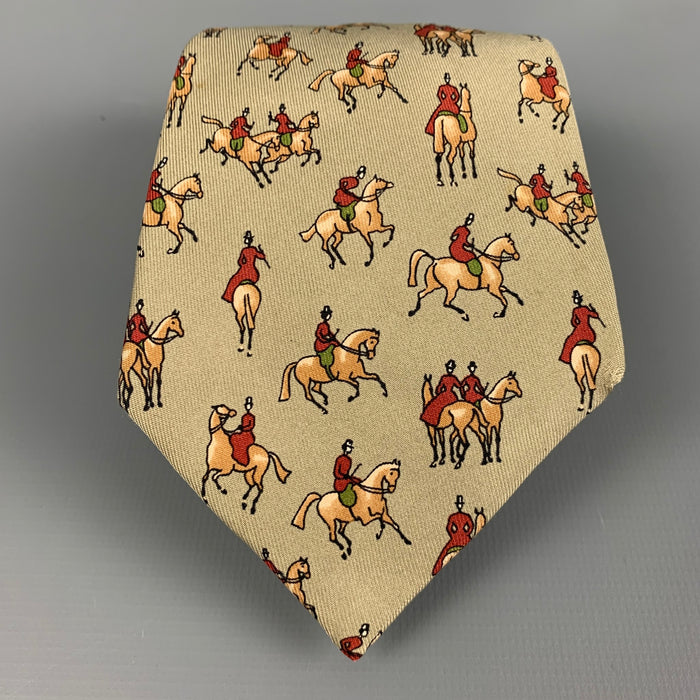 HERMES Grey Taupe Equestrian Silk Twill Tie
