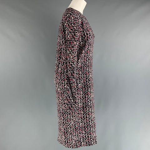 MARNI Size 2 Black Burgundy White Silk Abstract Long Sleeve Dress