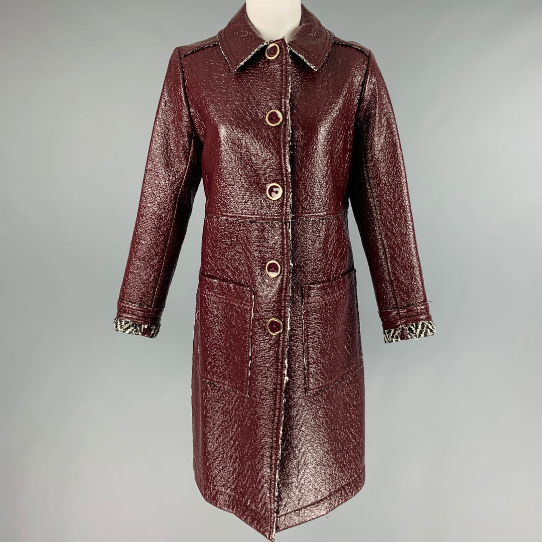 TRINA TURK Size 2 Burgundy Black White Cotton Blend Spread Collar Coat