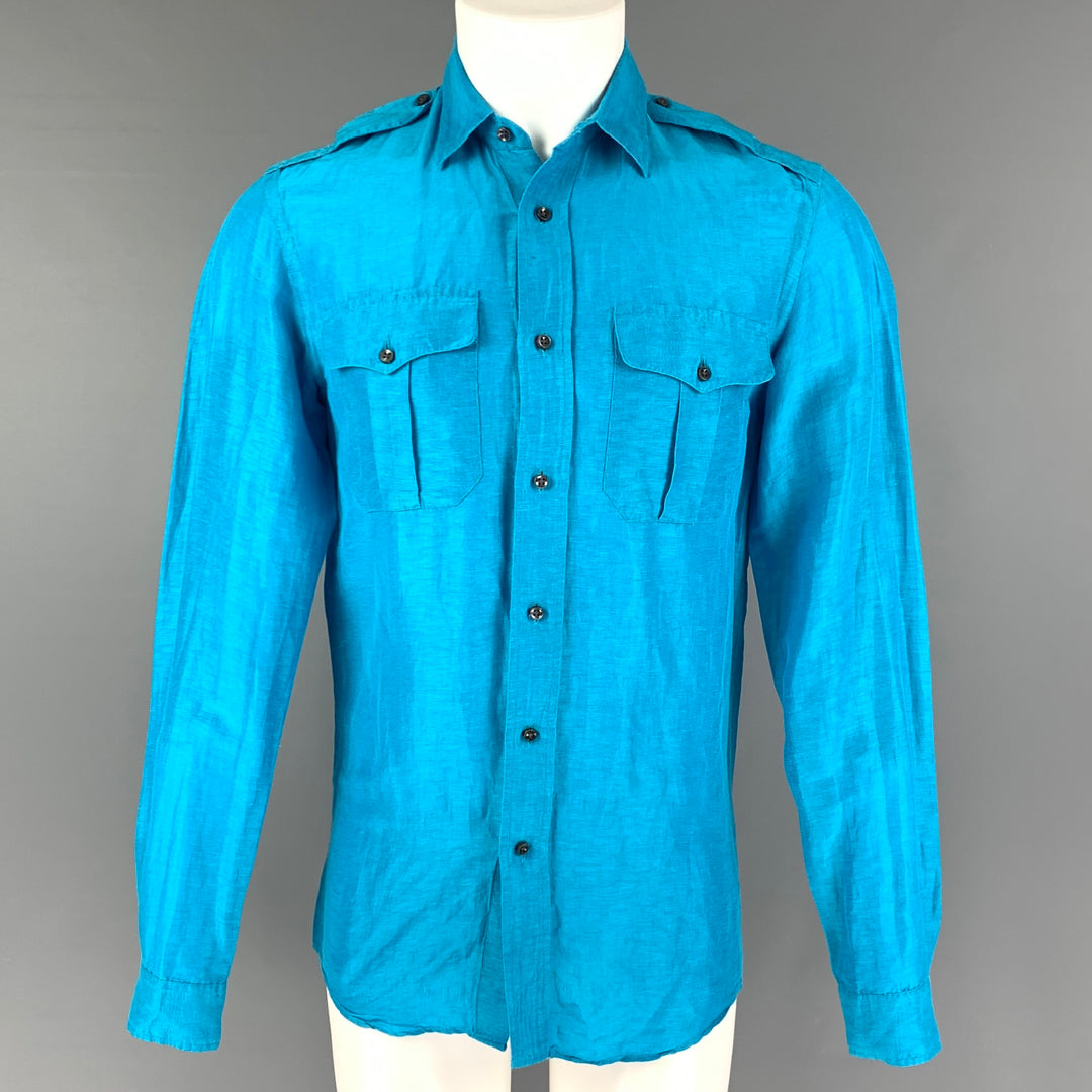 RALPH LAUREN Size S Aqua Linen / Silk Button Up Long Sleeve Shirt