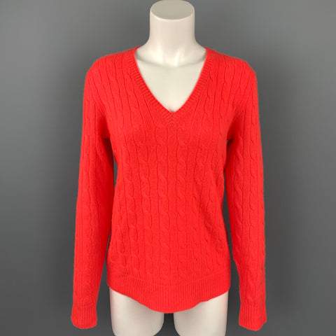 POLO par RALPH LAUREN Taille M Pull à col en V en cachemire tricoté torsadé orange