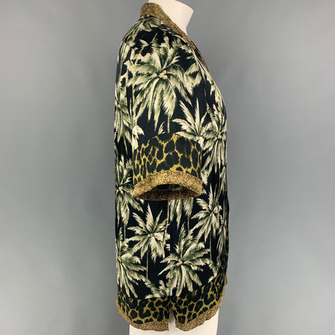 DRIES VAN NOTEN SS 16 Size XL Black Olive Print Viscose Camp Short Sleeve Shirt
