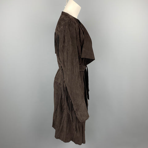 VINTAGE Size M Brown Suede Fringe Belted Open Front Coat